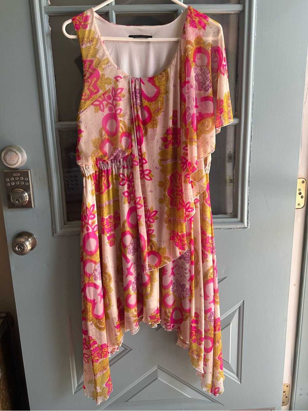 Y2K BCBGMaxAzria Asymmetrical High-Low Draped Bodice Vibrant Floral Formal Dress